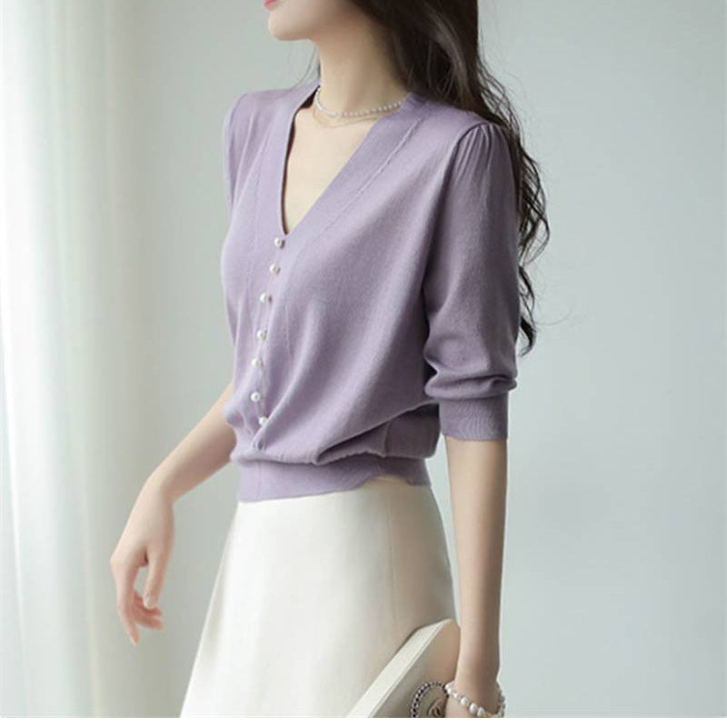 Blouse à col en V à boutons pour femmes avec perles décoratives Chic und Stil
