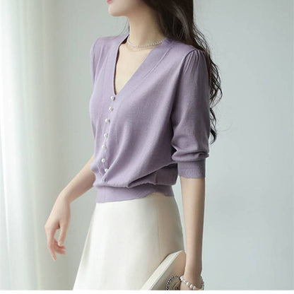 Blouse à col en V à boutons pour femmes avec perles décoratives Chic und Stil