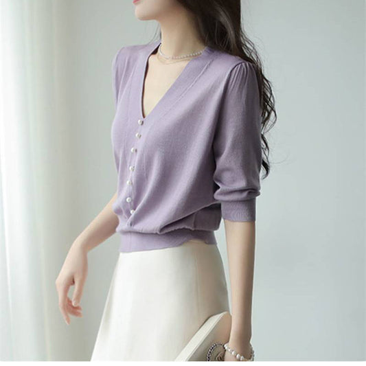 Blouse à col en V à boutons pour femmes avec perles décoratives Chic und Stil