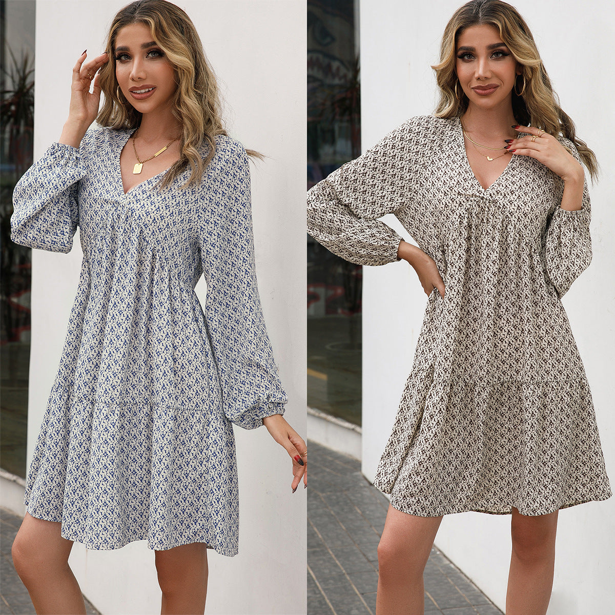 Robe midi pour femmes avec des manches bouffantes et un décolleté en V Chic und Stil