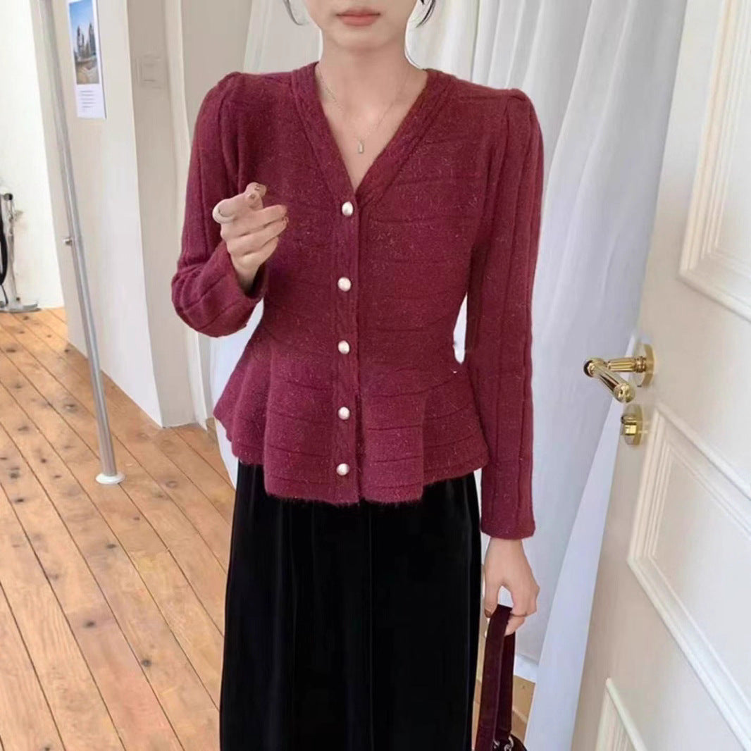 Dames élégant cardigan avec design texturé et manches bouffantes féminines Chic und Stil