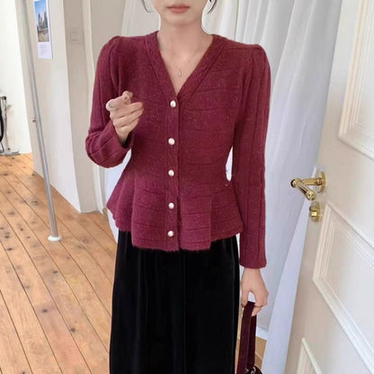 Dames élégant cardigan avec design texturé et manches bouffantes féminines Chic und Stil