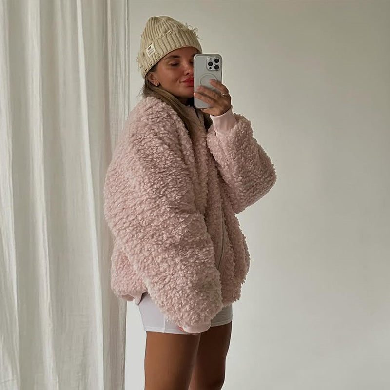 Dames confortable teddy jacket avec col haut Chic und Stil
