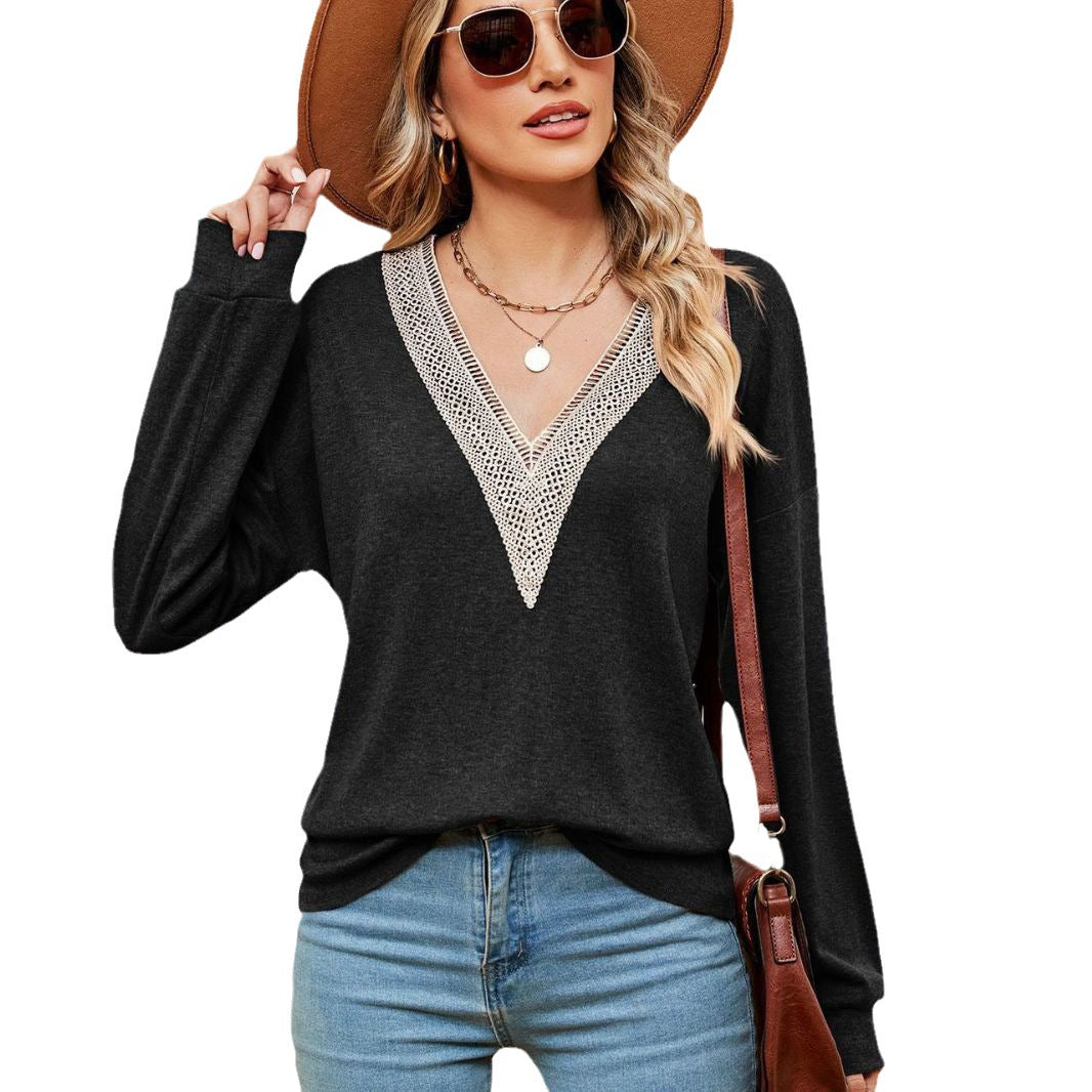 Pull femme à encolure en V avec accents en dentelle et coupe décontractée Chic und Stil