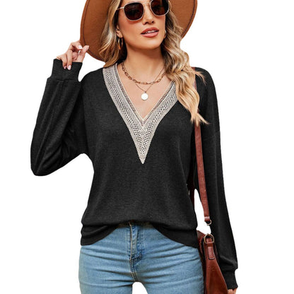 Pull femme à encolure en V avec accents en dentelle et coupe décontractée Chic und Stil
