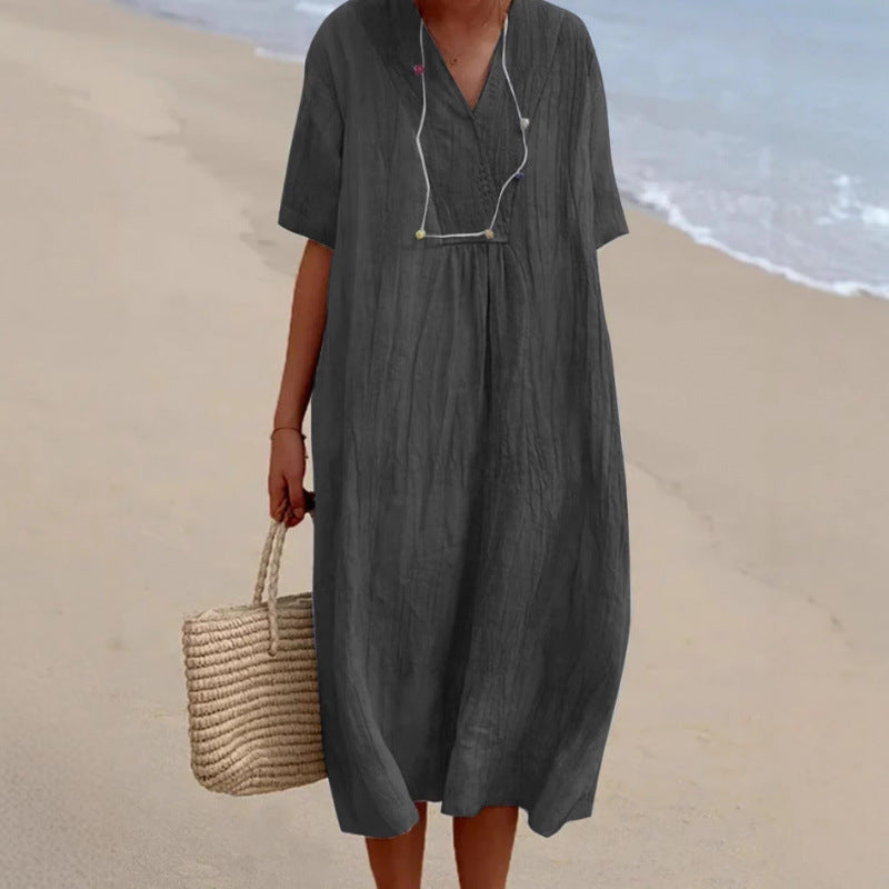 Robe midi décontractée pour dames avec décolleté en V et coupe ample Chic und Stil