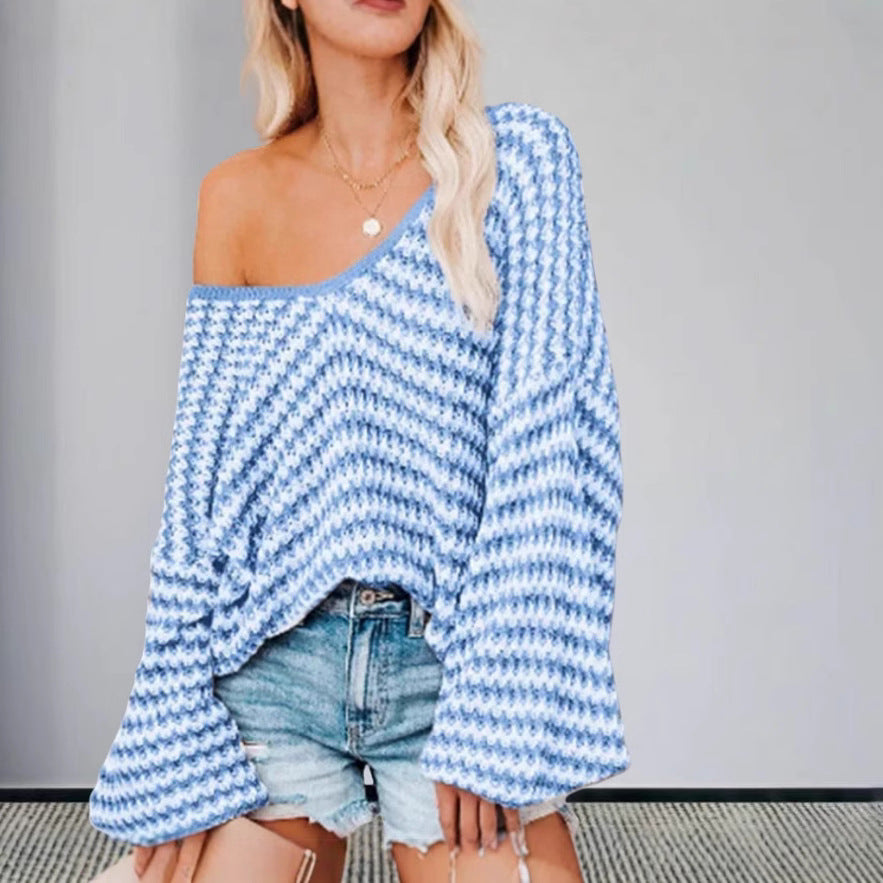 Pull en tricot oversized pour femmes avec design épaule dénudée et motif côtelé à la mode Chic und Stil