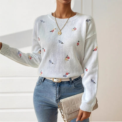Pull en tricot pour femmes avec des détails de broderie florale et une coupe décontractée Chic und Stil