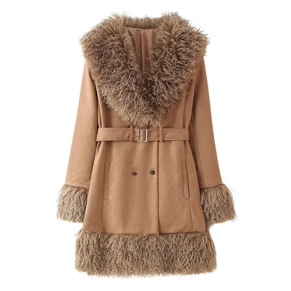 Dames Élégant Teddy Jacket avec ceinture à la taille et col volumineux Chic und Stil