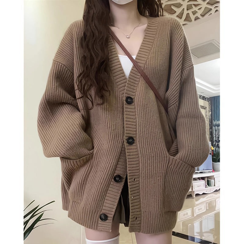 Dames Grand cardigan en tricot avec décolleté en V profond et poches pratiques Chic und Stil