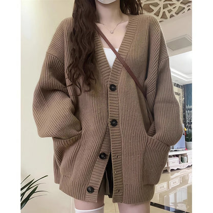 Dames Grand cardigan en tricot avec décolleté en V profond et poches pratiques Chic und Stil