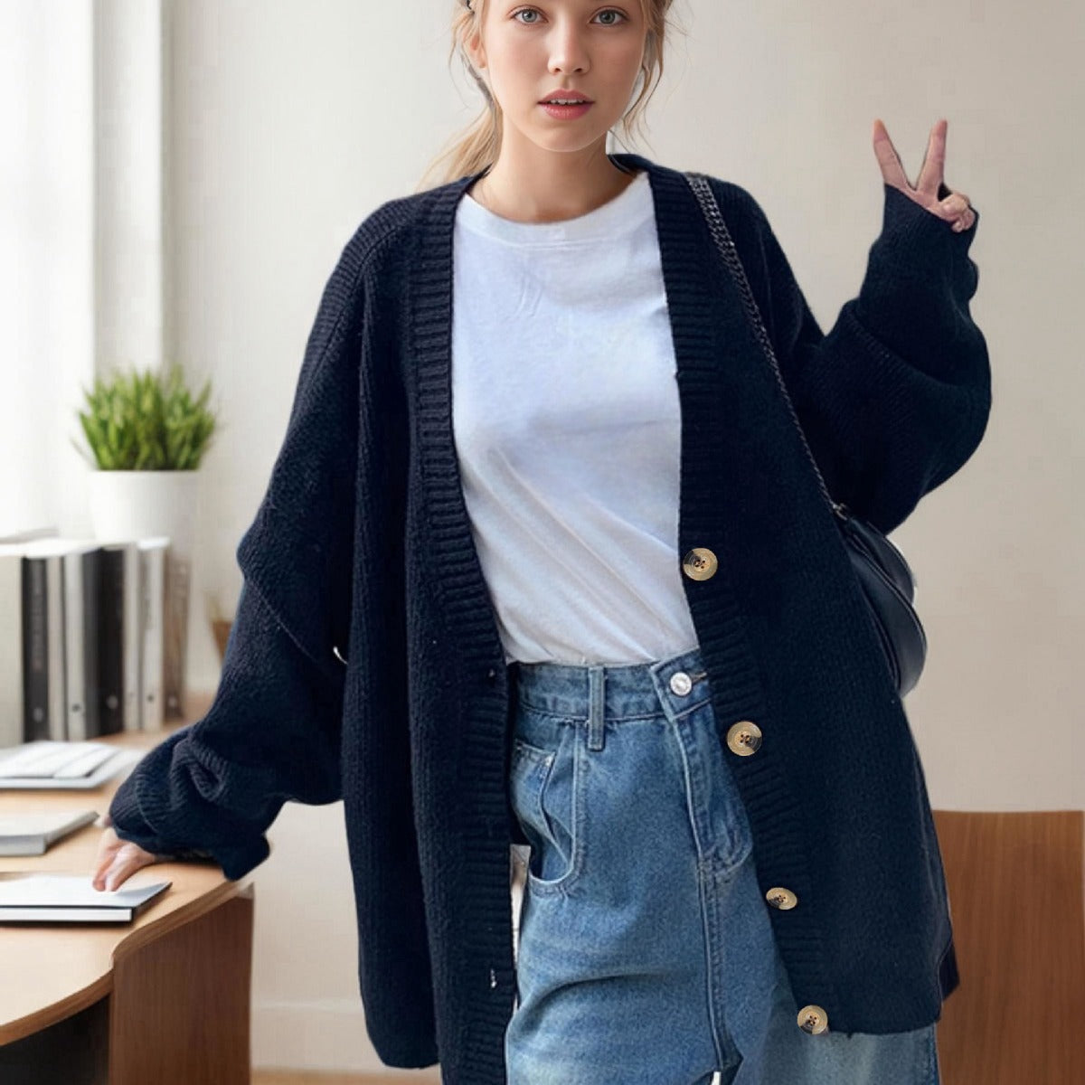 Dames grand tricot cardigan avec décolleté en V profond et grands boutons Chic und Stil