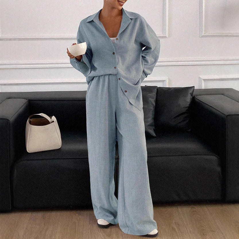 Dames élégant décontracté blouse en lin et large pantalon Chic und Stil