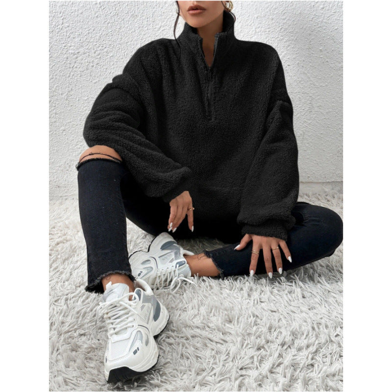 Dames Pull et Teddy Doux avec demi-zip et poche kangourou Chic und Stil