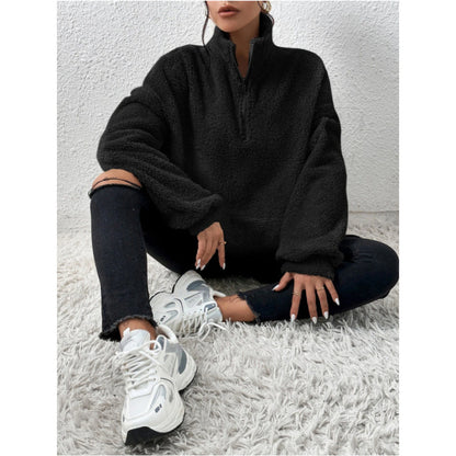 Dames Pull et Teddy Doux avec demi-zip et poche kangourou Chic und Stil