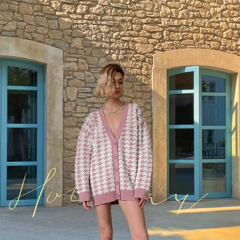 Dames pull cardigan oversized stylé avec motif pied de poule classique Chic und Still