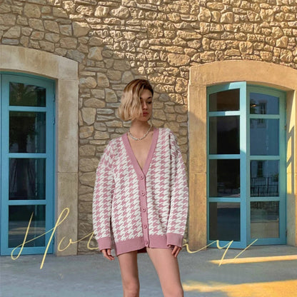 Dames pull cardigan oversized stylé avec motif pied de poule classique Chic und Still