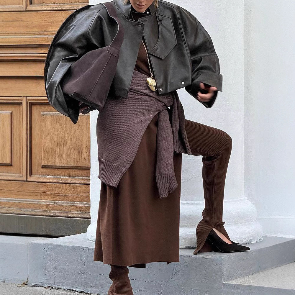 Ladies Elegant Leather Jacket with Textured Design and Asymmetrical Cut Chic and Style