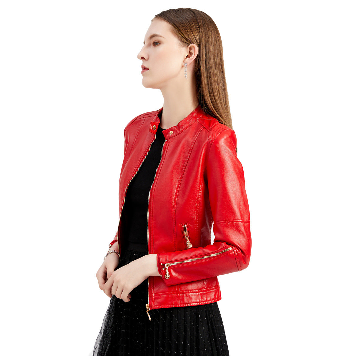 Dames élégante veste en simili cuir avec détails de fermeture éclair décoratifs Chic und Stil