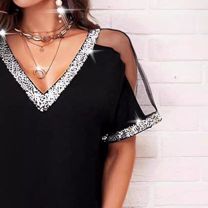 Robe décontractée pour femmes à col en V avec garniture en sequins Chic und Stil