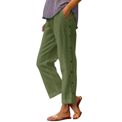Comfortable linen pants for women with button details Chic and Style