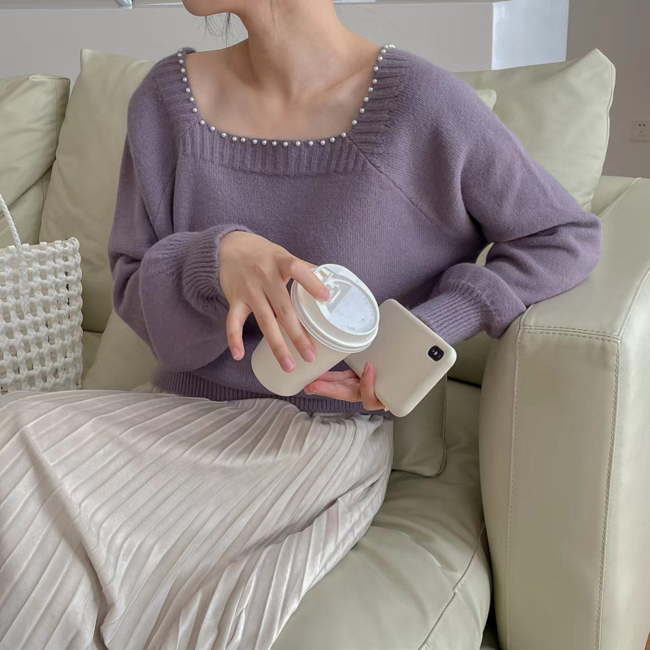 Pull décontracté pour femmes avec col en perles élégant Chic und Stil