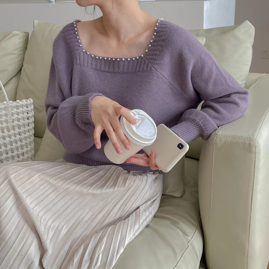 Pull décontracté pour femmes avec col en perles élégant Chic und Stil