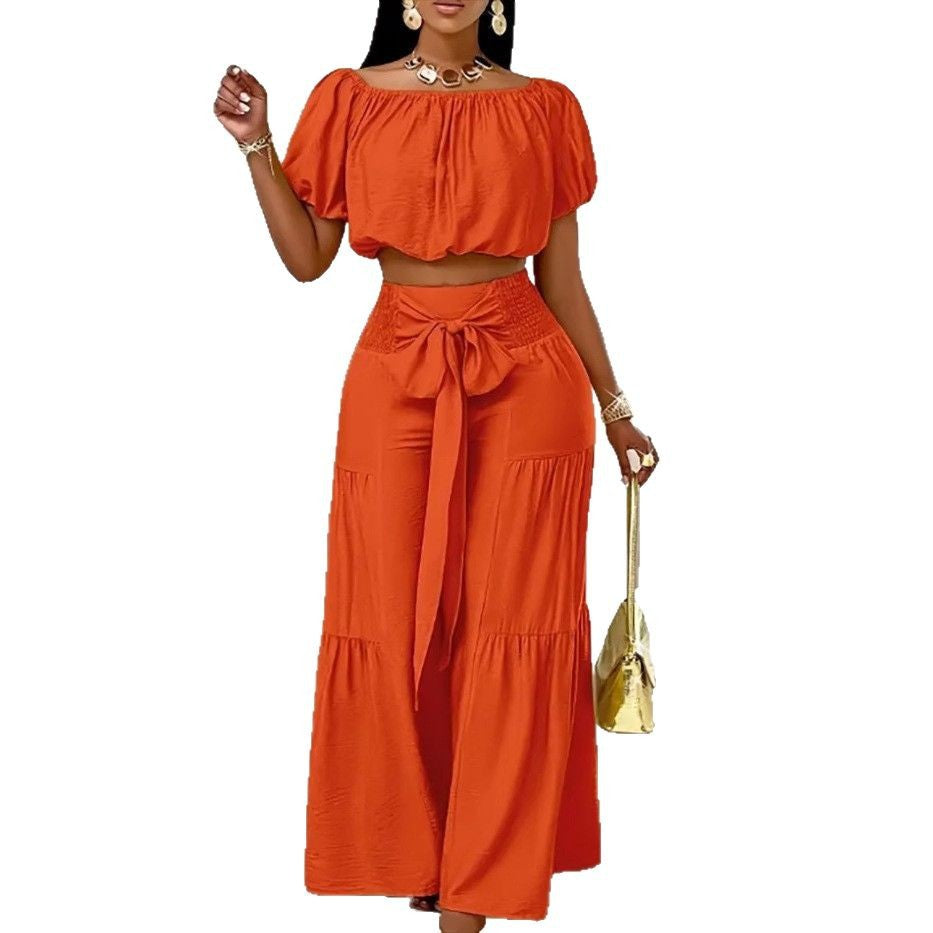 Woman Deep V-Neck Crop Top and High-Waisted Palazzo Pants Chic and Style