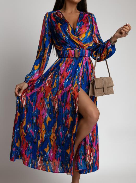 Robe maxi en soie colorée pour femmes avec une fente haute et une ceinture Chic und Stil