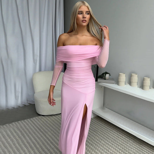 Robe maxi femme off-shoulder avec fronces et fente haute Chic und Stil