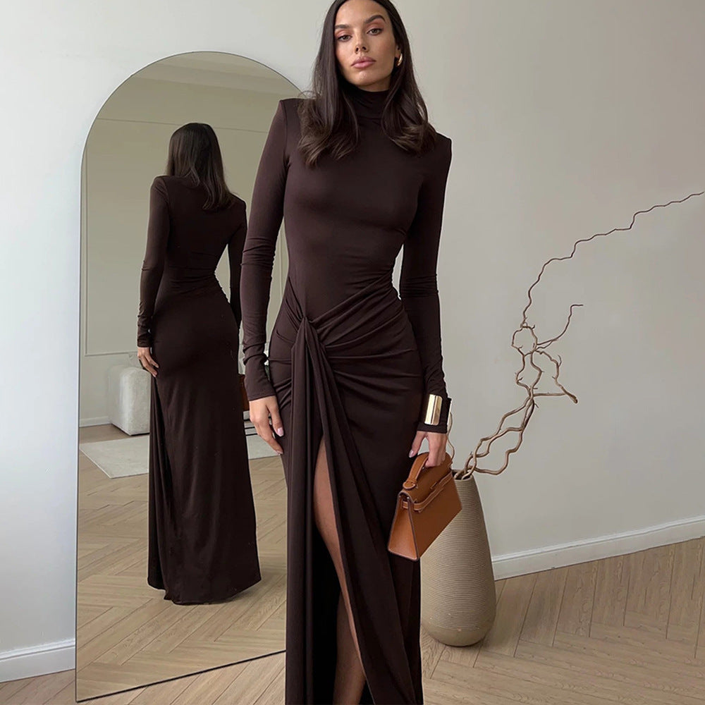Dames Robe Maxi Longue Élégante à Manches Longues avec Détail de Taille Raffiné et Col Haut Chic und Stil