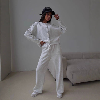 Pull-over décontracté pour femmes avec boutons et pantalon de jogging confortable Chic und Stil