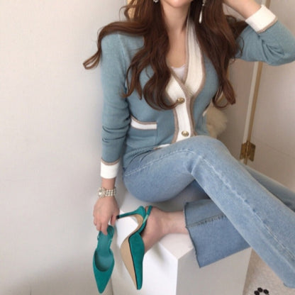 Cardigan féminin à la mode avec un élégant design de boutons et des rayures contrastées Chic und Stil