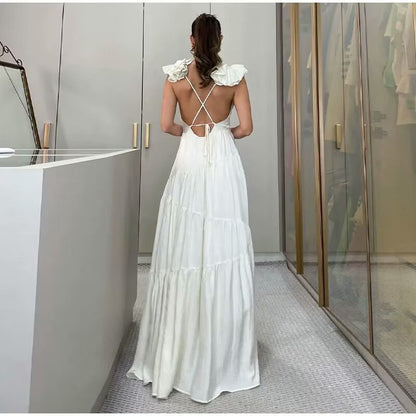 Robe maxi pour femmes avec un design de volants flottants et un élégant décolleté en V Chic und Stil