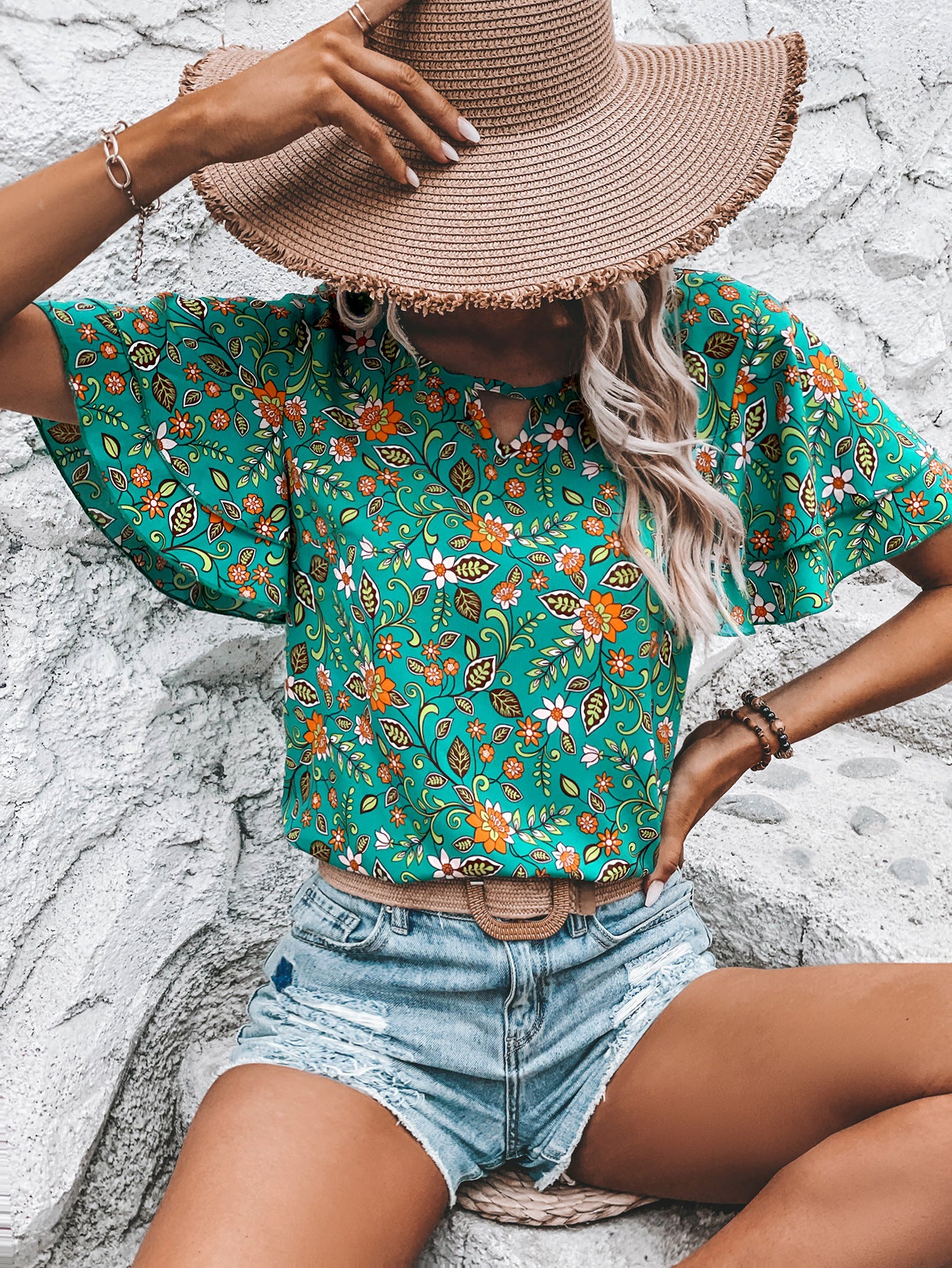 Dames Haut de crop fleuri avec détails fendus et manches larges Chic und Stil