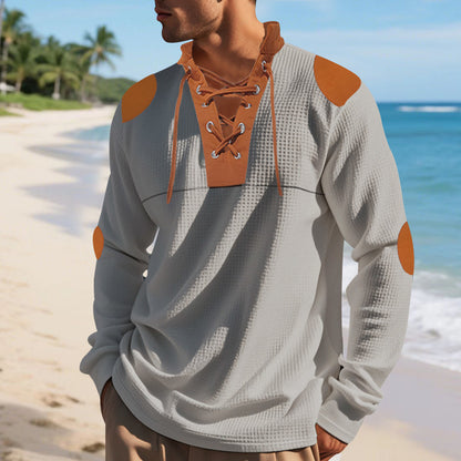 Chemise Henley décontractée à manches longues pour hommes avec un design de lacet original et des patchs de coude contrastants Chic und Stil