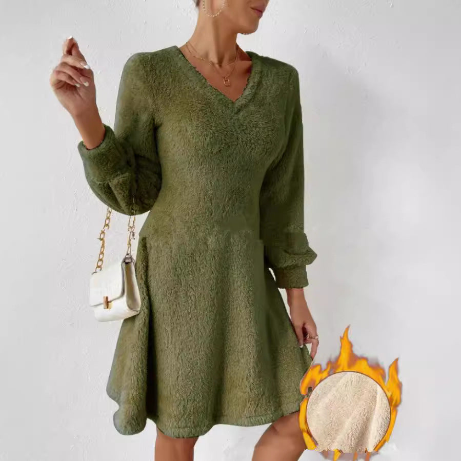 Dames Robe Douce à Col V avec Manches Longues Chic und Stil