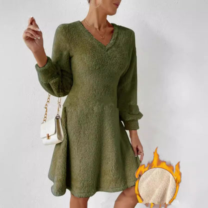 Dames Robe Douce à Col V avec Manches Longues Chic und Stil