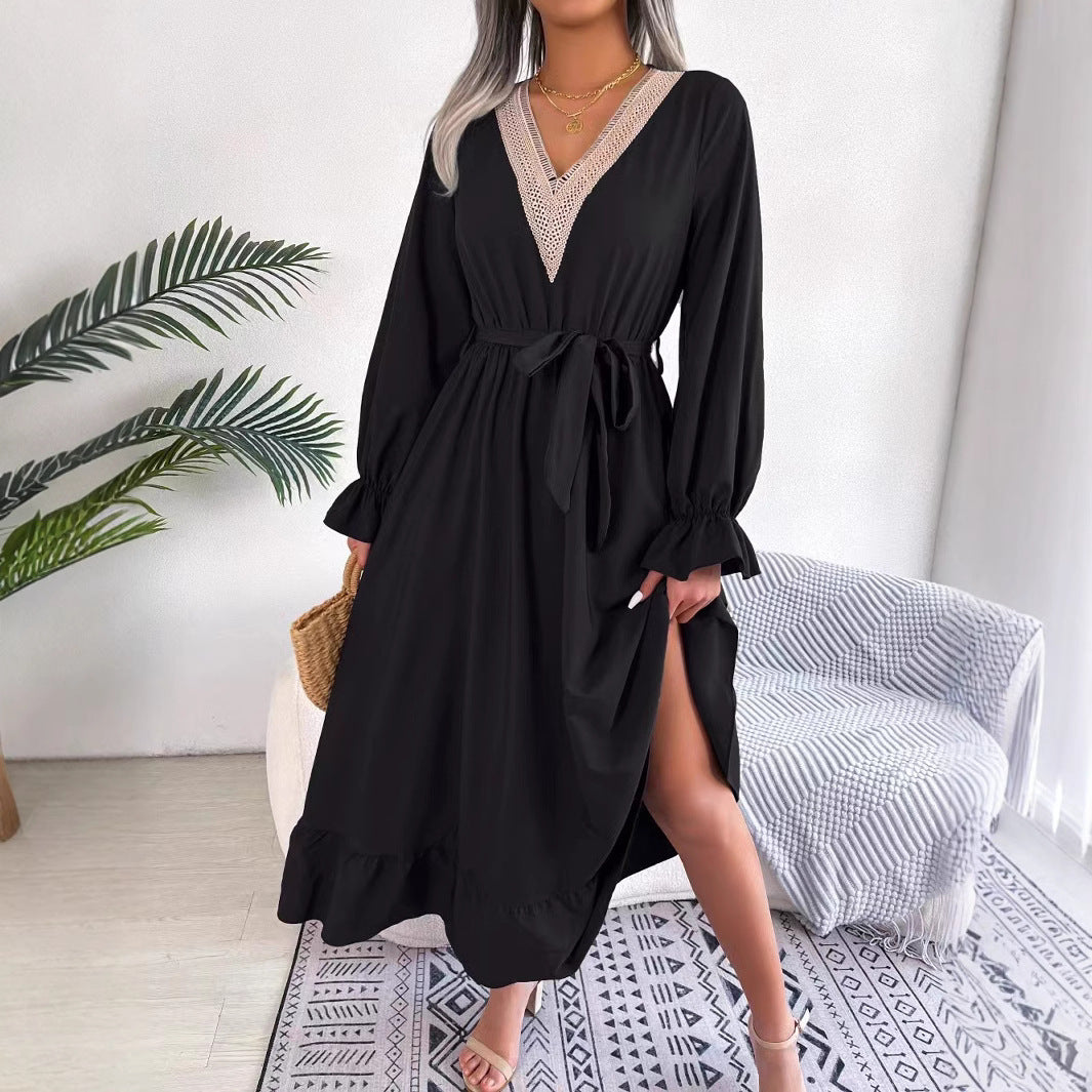 Ladies Elegant V-Neck Maxi Dress with Ruffled Hem Chic and Style