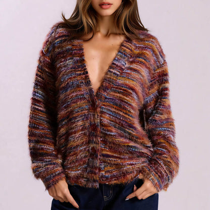 Dames Pull-over en peluche avec décolleté en V profond et coupe ample Chic und Stil