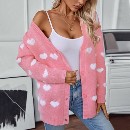 Cardigan confortable pour dames avec motif en cœur et décolleté en V Chic und Stil