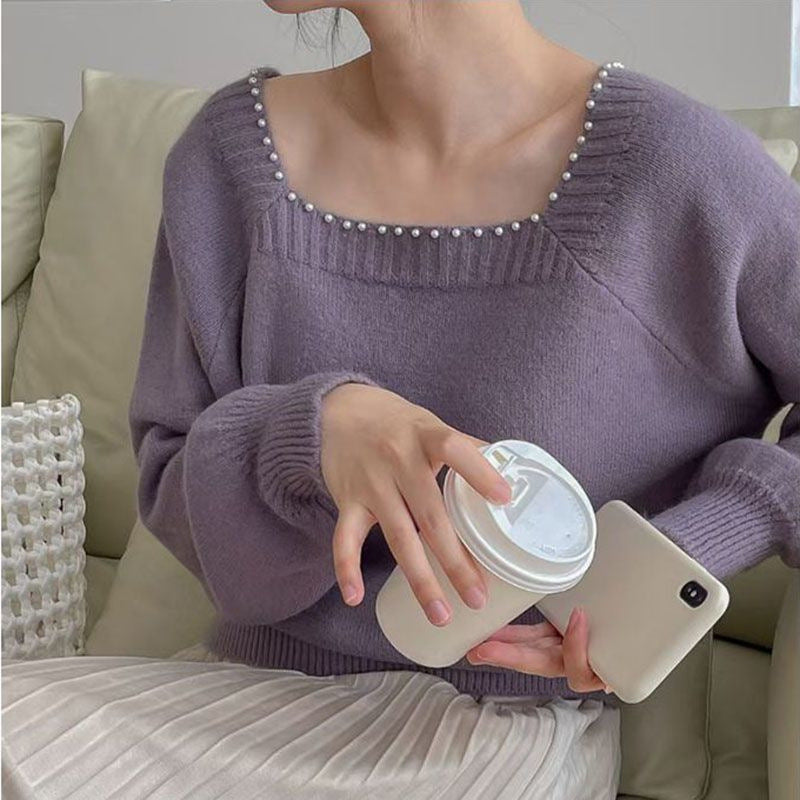 Pull décontracté pour femmes avec col en perles élégant Chic und Stil