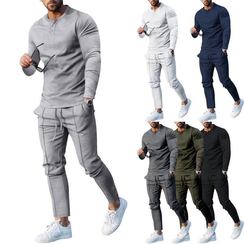 Athletic leisure outfit for men with long sleeve Henley top and comfortable jogging capri pants Chic and Style