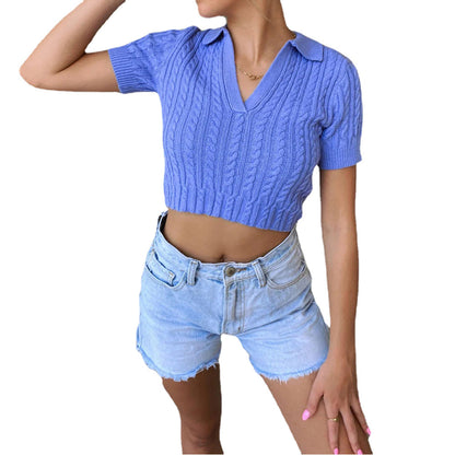 Pull court à manches courtes pour dames avec décolleté en V et structure en câble élégante Chic und Stil