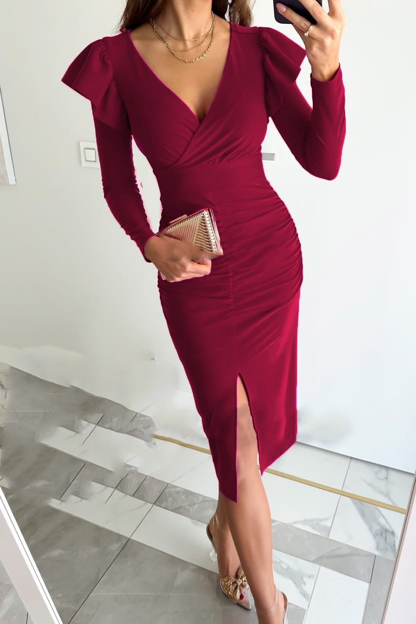 Elegant Women's Long Sleeve Ruffled Midi Dress with Slit Chic and Stylish