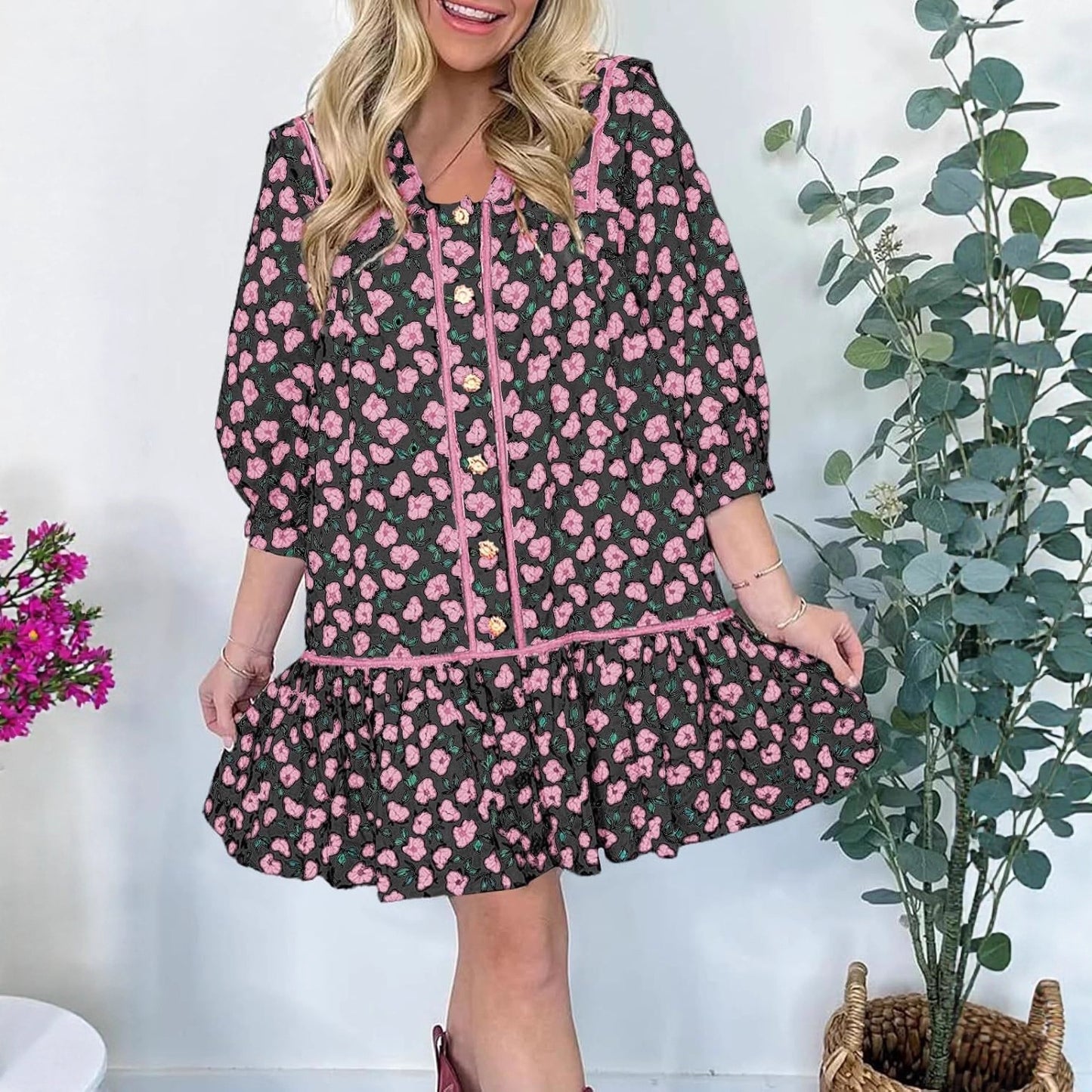 Robe à manches courtes florale pour dames avec poches spacieuses et col romantique Chic und Stil
