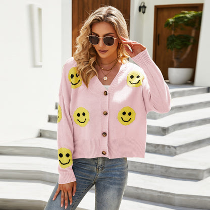 Dames cardigan en tricot décontracté avec des motifs de smileys joyeux Chic und Stil
