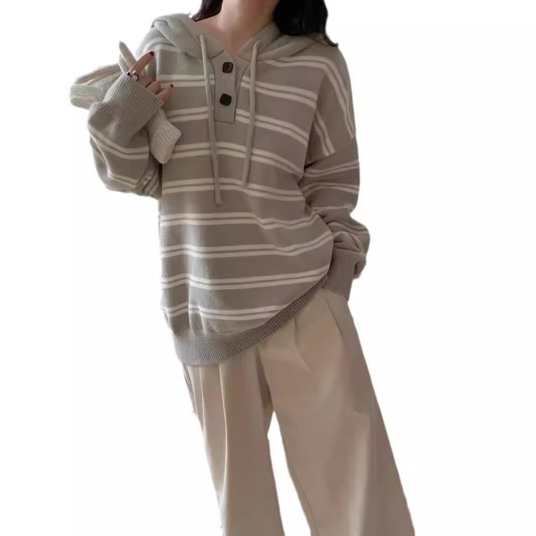 Pull en stripe décontracté pour femme avec patte de boutonnage et capuche Chic und Stil
