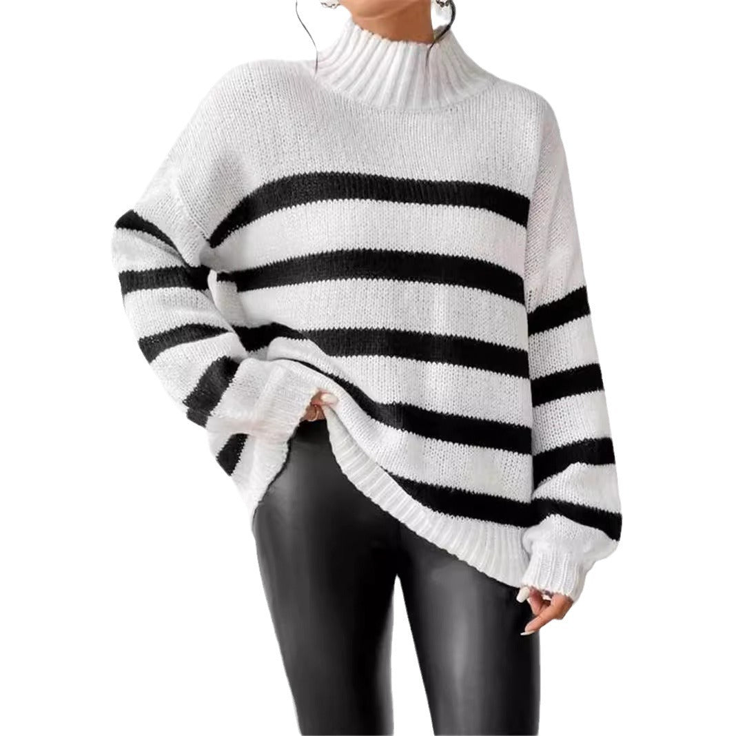 Dames gros tricot pull avec des rayures à la mode et un grand col Chic und Stil