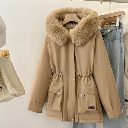 Multifunctional winter jacket for women with removable faux fur collar and adjustable waist drawstring Chic and Style